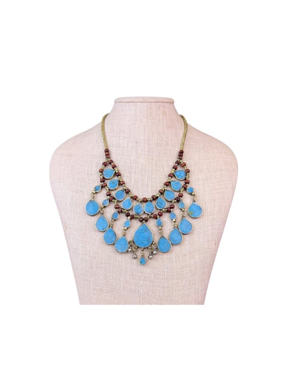 Vintage Style Gold Tone & Blue Faux Turquoise Necklace With Teardrop Beads
